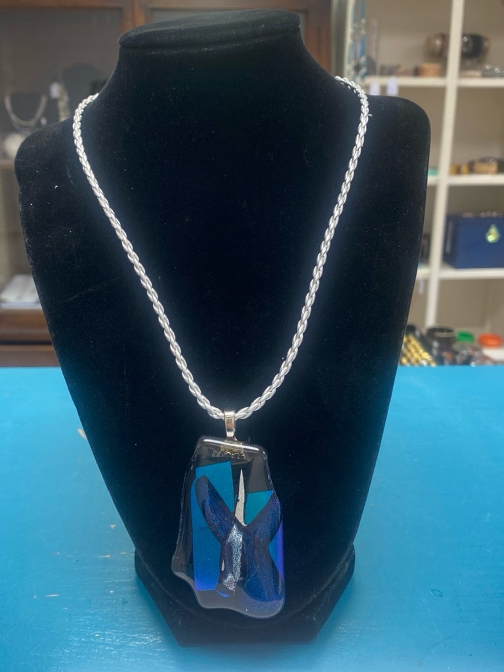 Handmade Blue Dichroic Glass Pendant Necklace - Silver Chain